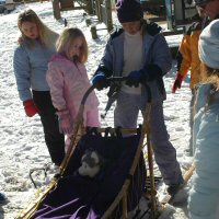 Home schoolers trying the dog sled.